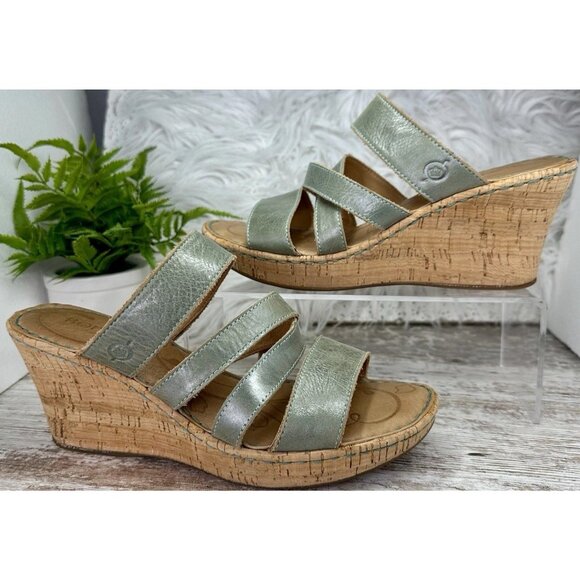 Born Zemora Slip On Leather Wedge Sandal Shoe Women's Sz 9 Green Metallic Beachy - Picture 13 of 13